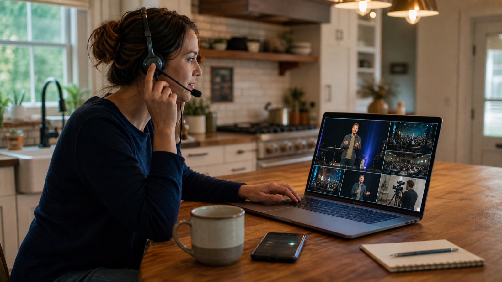 A woman in a headset at her kitchen table, cutting a church service from a laptop multiviewer showing the pastor, the congregation and a camera operator.