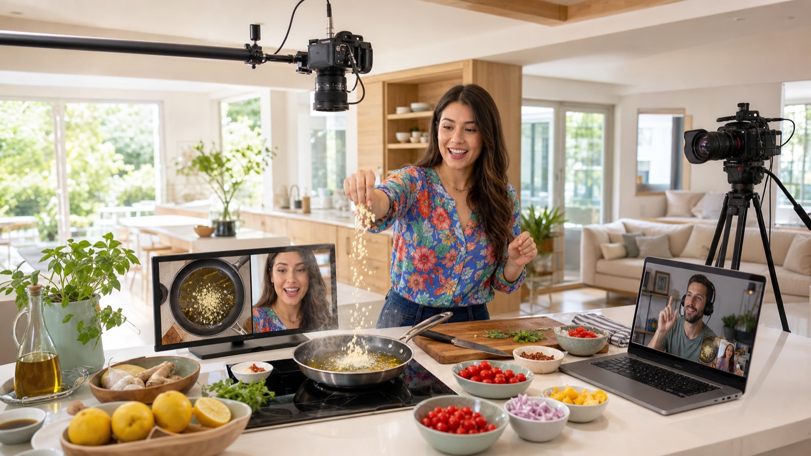 A cook tossing garlic into a pan in her own kitchen, an overhead camera on a boom above the hob and her director joining from a laptop across the counter.