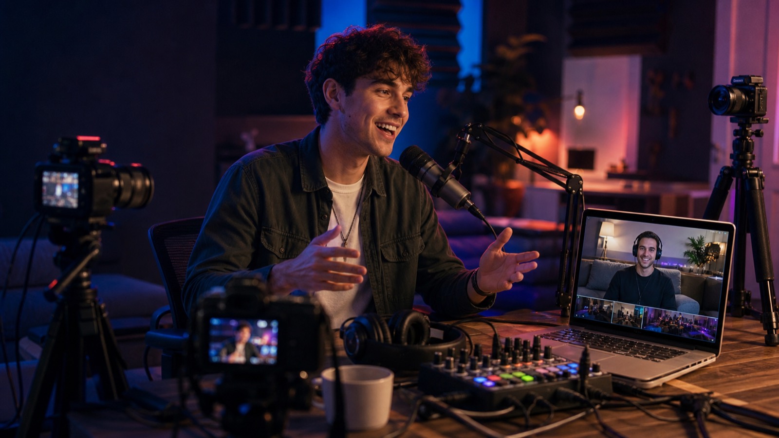 A podcaster mid-sentence at a mic, three cameras and a mixer around him and nobody operating them, while his producer watches the feeds from a laptop on the desk.