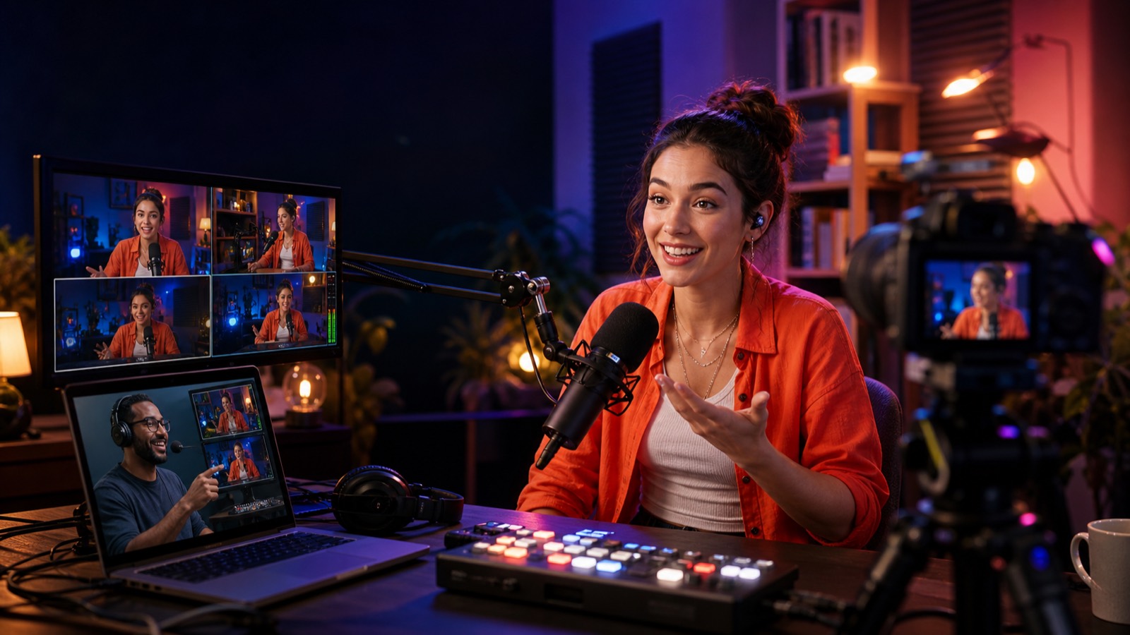 A first-time host on mic at her own desk, her producer visible on a laptop beside her pointing at the camera feeds as he calls the shots.